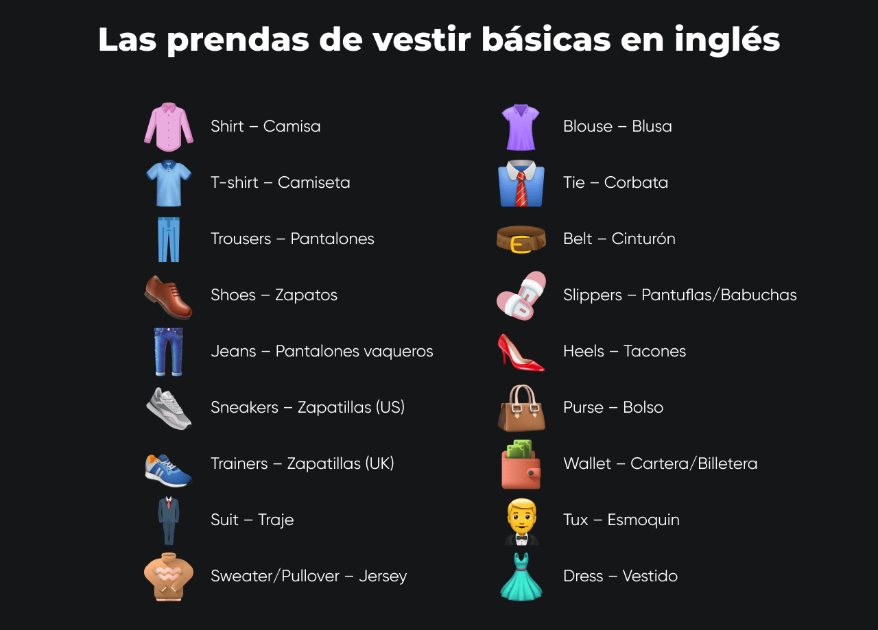 prendas de vestir básicas en inglés